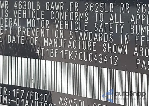 2012 Toyota Camry Le из США, поврежденный, VIN 4T1BF1FK7CU043412